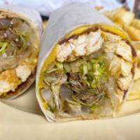 Texas BBQ Wrap · BBQ chicken, cheddar cheese, bacon, lettuce and grilled onions.