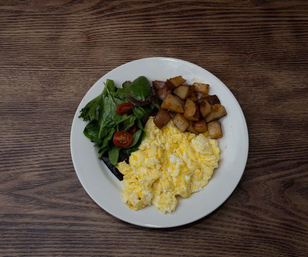 Scrambled Eggs · Served with house salad and fries.