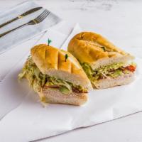 Turkey Club Sandwich · Turkey, avocado, bacon, lettuce, tomato, and honey mustard served on hero bread. 