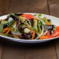 Mix Green Salad · Mix greens, carrots, cucumbers, tomatoes, onions, olive oil, balsamic vinegar.