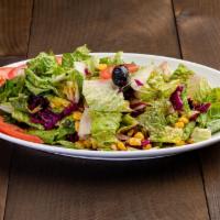 Mediterranean Salad · Romaine lettuce, tomatoes, cucumbers, red cabbage and com topped mixed with olive and lemon ...