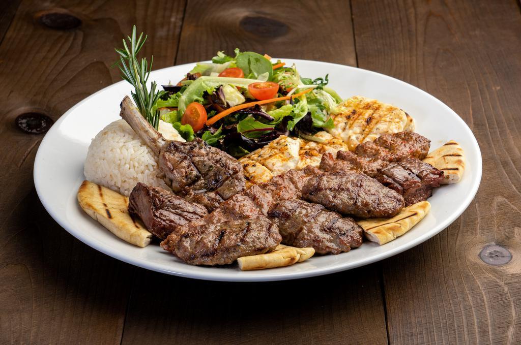 Mixed Grill · Combination of Adana (1 skewer), kofte kebab (3 pieces), beef shish (1 skewer), lamb chops (1 piece) and chicken shish (3 pieces). Served with house salad and rice.