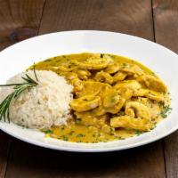 Chicken Curry · Red and green peppers, mushroom and curry. Served with rice.
