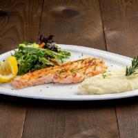 Grilled Salmon Fillet  · Served with mix green and mashed potato.
