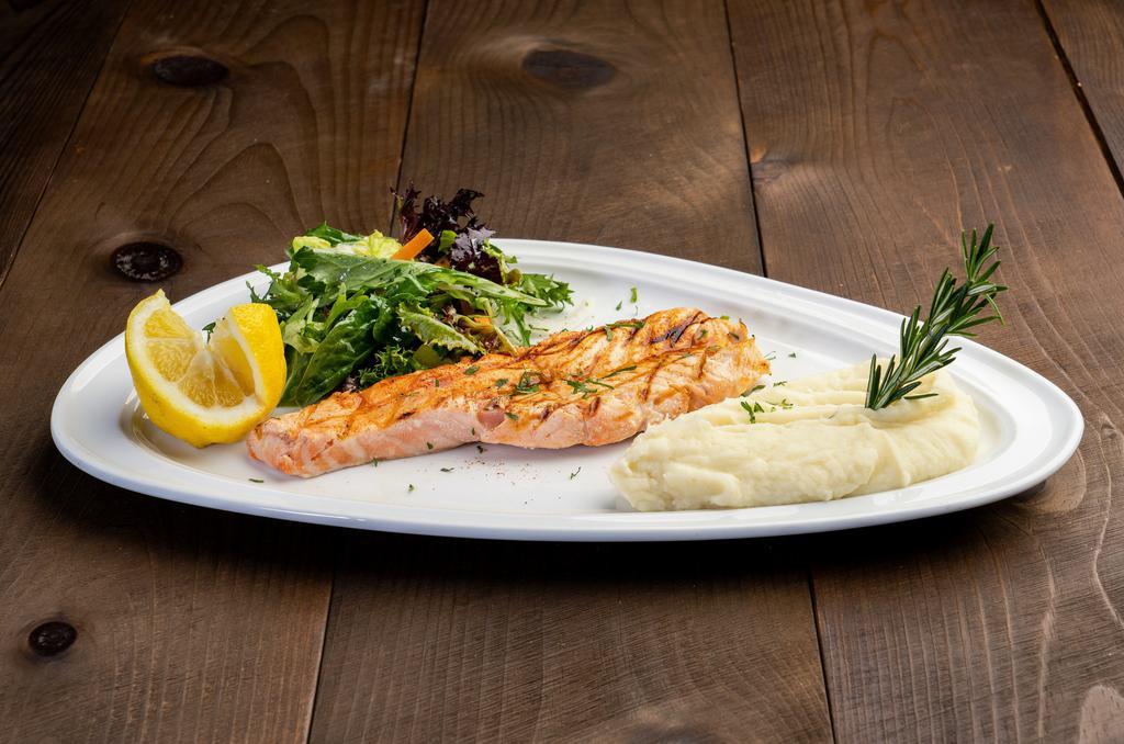 Grilled Salmon Fillet  · Served with mix green and mashed potato.