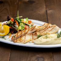 St. Peter Fishers · Fillet flaky white meat with mushroom, garlic lemon butter sauce or char-grilled. Served wit...