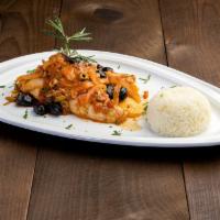 Red Snapper Livornese · Fragrant and flavorful with olives, onion, garlic and a fresh tomato sauce. Served with rice.