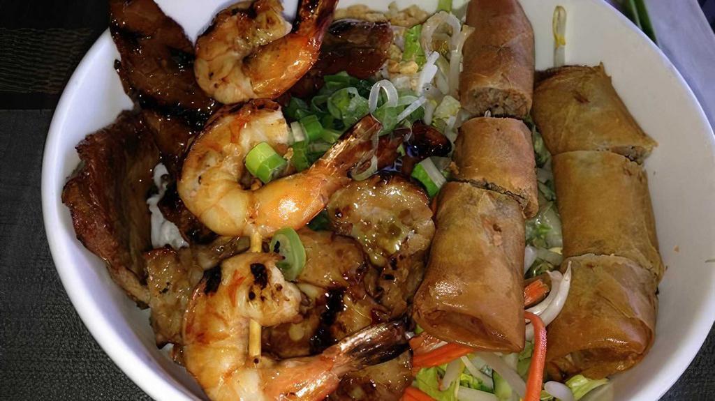 V1. Bun Tom Thit Nuong Cha Gio/Brothers Special · Grilled shrimp, charbroiled pork and spring rolls served with vegetables, vermicelli noodle and fish sauce.
