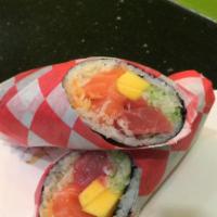 I Sushi M Burrito · Salmon, tuna, spicy mayo, cucumber, mango, tempura crunch and sesame seeds. Served with choi...