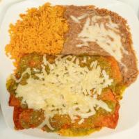 Enchiladas Verdes · 2 shredded chicken enchiladas topped with our tomatillo sauce and melted Monterey cheese. Se...