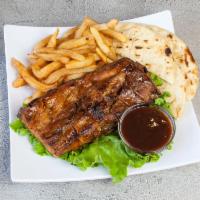 1/2 Ribs · Served with pita bread, BBQ sauce and choice of 2 sides.