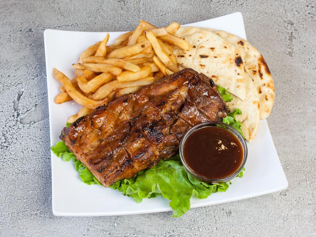 1/2 Ribs · Served with pita bread, BBQ sauce and choice of 2 sides.