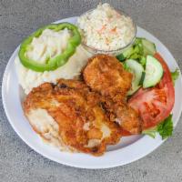 2 Piece Fried Chicken Meal · Served with pita bread, choice of sauce and side.