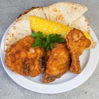 3 Piece Fried Chicken Meal · Served with pita bread, choice of sauce and side.