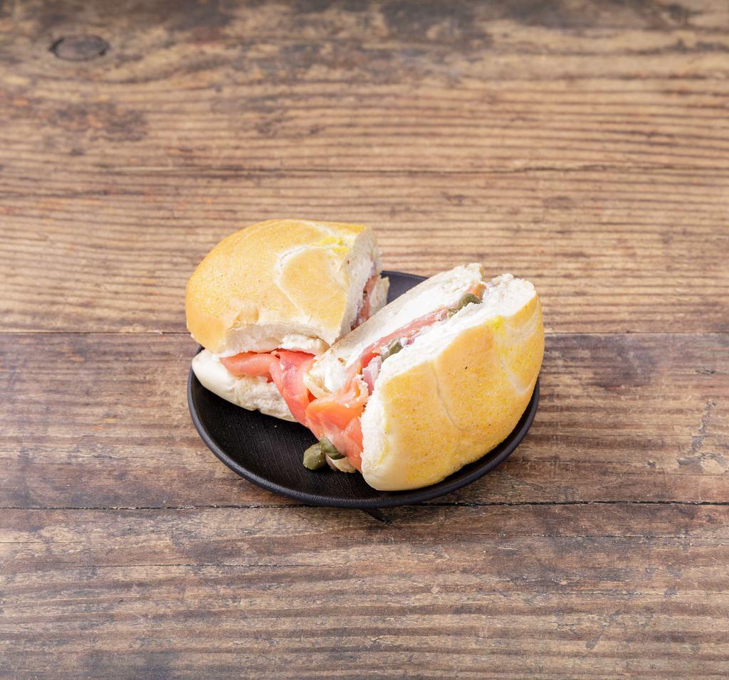 Nova Combo Sandwich · Smoked salmon with cream cheese, tomato, onion capers.