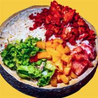 Chicken Over Rice bowl · Served with chicken, rice, lettuce, and tomatoes along with your favorite toppings and white...