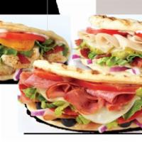 Turkey Ranch and Swiss Sammie(Flatbread) · Turkey, Swiss cheese, ranch dressing, lettuce, tomatoes and onions.