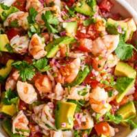 Shrimp Ceviche · shrimp ceviche is made with limes, lemon, red onion, chile peppers, cilantro, and avocado fo...