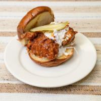 Habanero Chicken sandwich · Crispy deep fried chicken thigh drizled in our homemade red habanero sauce in fresh bread, w...