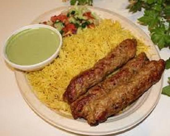 Kebab and Rice Veggie with Salad · Option for 2 Chicken seekh kebab OR 4 pieces of Chicken tikka with Veggie or Lentil *On brown or white rice*