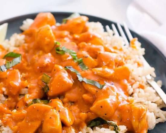 Chicken curry over rice · Choice of white or brown rice with optional veggies & lentil.