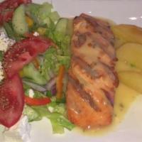 SALMON SPECIAL · GRILLED SALMON SERVED WITH GREEK SALAD, CHOICE OF LEMON POTATOES OR RICE.