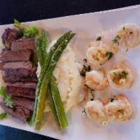 Steak & Shrimp · Grilled Sirloin & Shrimp with butter and garlic. Served, mashed potatoes and asparagus 