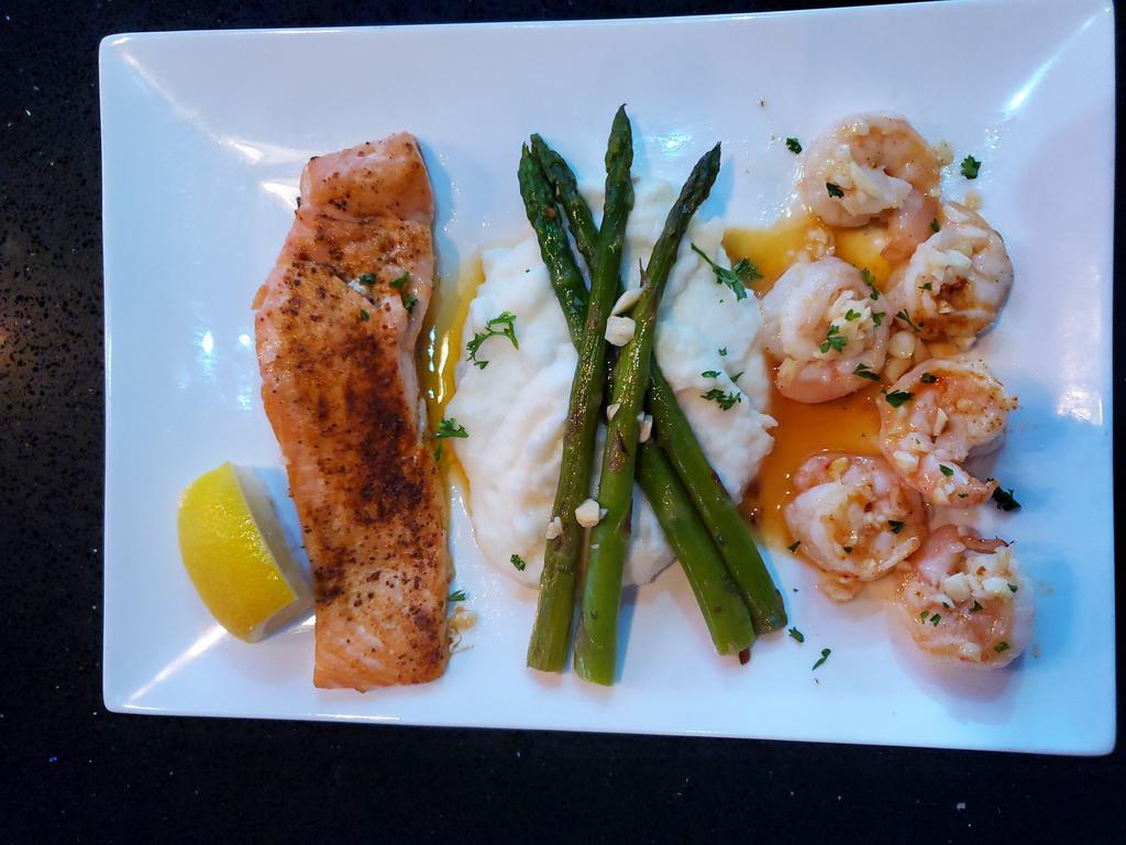 Salmon & Shrimp · Grilled Salmon and Garlic Shrimp Served, mashed potatoes and asparagus  