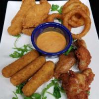 COMBO PLATTER · (3) Chicken Fingers, (3) Chicken Wings, (3) Mozzarella Sticks, Onion Rings & (2) Choices of ...