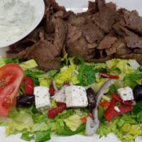 GYRO PLATTER · Beef & Lamb - Served w/ Greek Salad, Home-Made Tzatziki Sauce & Pita Bread - Choice of Medit...