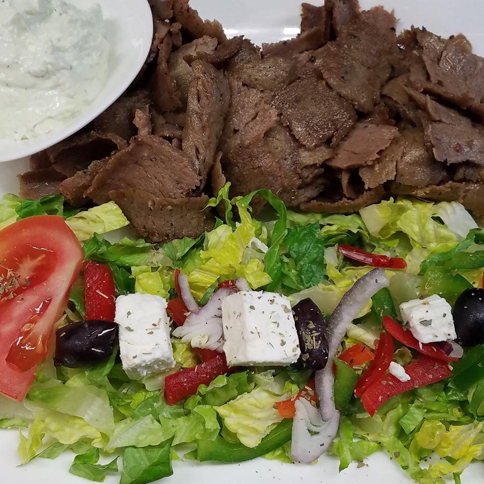GYRO PLATTER · Beef & Lamb - Served w/ Greek Salad, Home-Made Tzatziki Sauce & Pita Bread - Choice of Mediterranean Rice, Lemon Potatoes or French Fries