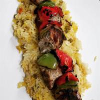 Chicken Shish Kebab · Marinated Skewer w/ Grilled Vegetables - Served Over Mediterranean Rice, Home-Made Tzatziki ...
