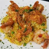 Chef Niko's Shrimp Santorini · Grilled Shrimp in a Delicious Tomato & White Wine Sauce & Melted Feta Cheese - Choice of Lin...