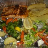 Grilled Salmon · Served w/ Mixed Vegetables & Choice of Mediterranean Rice or Lemon Potatoes Plus A Side Sala...