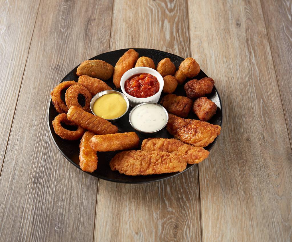 4 Seasons  Sampler · Chicken fingers, onion rings, mozzarella sticks, 3 pieces breaded mushrooms, 3 pieces broccoli bites and 3 pieces jalapeno poppers. Served with honey mustard, ranch, BBQ and pizza sauces.