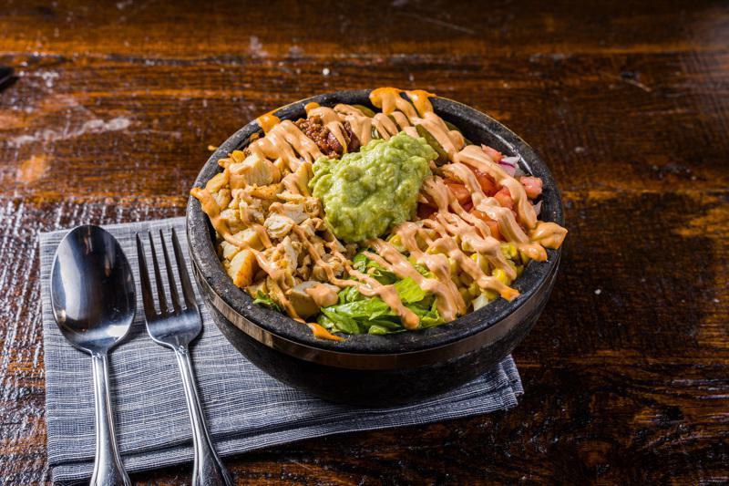 Burrito Bowl · With your choice of protein, steamed white rice, beef chilly,
corn, pico, jalapeno, guacamole, romaine and cream on top.