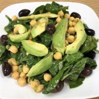 Greek Spinach and Chickpeas Salad (Vegan)  · Crispy baby spinach, chickpeas, avocado, scallions, cilantro, kalamata olives and homemade l...