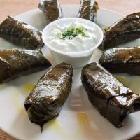 Dolmadakia (Stuffed grape leaves) · A classic Greek appetizer! Stuffed grape leaves with rice, herbs and extra virgin olive oil....