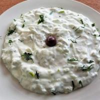 TZATZIKI · Refreshing Greek yogurt, cucumbers and garlic spread. Served with pita bread.