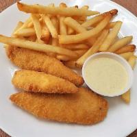 Chicken fingers and fries · Made with real chicken breast. Comes with homemade honey mustard (mustard sauce)