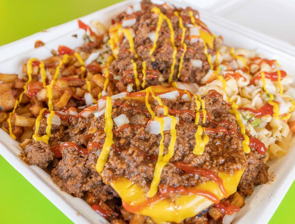 Vegan Garbage Plate · Your choice of fries, mac salad, meat, toppings, and condiments. Add side condiments, cheese, cheese sauce, salad for an extra charge.