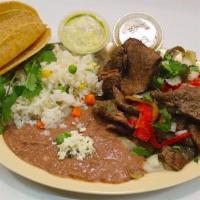Plate with 1 Meat · Served with your choice of meat, rice, beans, tortillas, and a side of cilantro, onions  and...