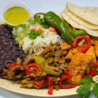 Plate with combo 2 meat  · Served with your choice of 2 meat, rice, beans, tortillas, and a side of cilantro, onions an...