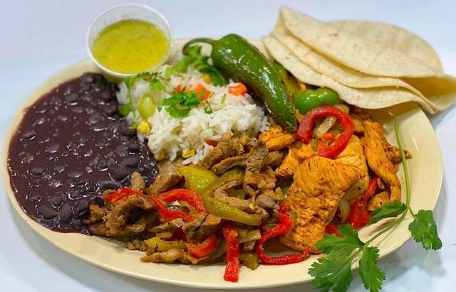 Plate with combo 2 meat  · Served with your choice of 2 meat, rice, beans, tortillas, and a side of cilantro, onions and salsa.