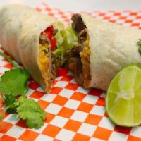 Burrito · Served with your chooice of meat, beans, lettuce, tomato, rice, onions and salsa.