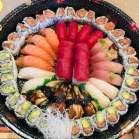 60 pieces · 4pcs each nigiri (tuna,salmon,yellowtail,eel,white tuna)
1 red dragon roll, 2 spicy tuna rol...