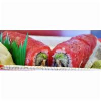 Red Dragon Roll · Eel, avocado, cucumber roll, and topped with tuna.(raw)