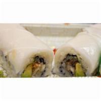 White Dragon Roll · Eel, avocado, and cucumber roll topped with white tuna.(raw)