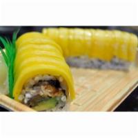 Yellow Dragon Roll · Eel, avocado, and cucumber roll topped with mango.