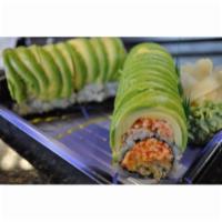 Dancing Kani Roll · Spicy blend of crab stick and crunchy tempura flakes, topped with kani salad, and avocado.